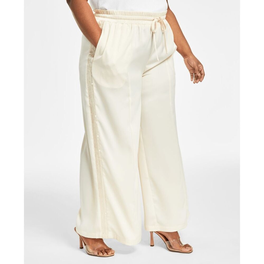 Nina Parker Plusβ3X Sequin Stripe Wide Leg Pants Cream Pull-On Lounge